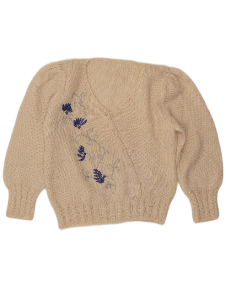 Maglione maglione con scollo a V da donna VINTAGE UK 16 grande floreale bianco sporco