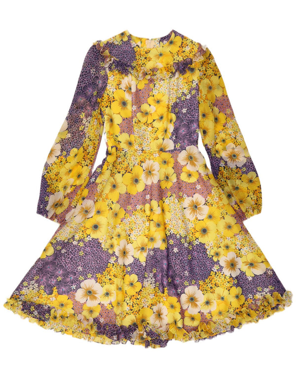 Abito maxi vintage da donna con volant sul davanti UK 10 piccolo floreale giallo