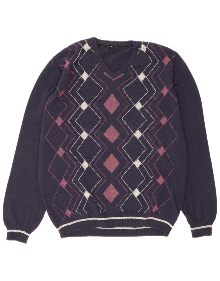 Maglione da uomo con scollo a V Sisley XL blu navy a rombi/lana diamante