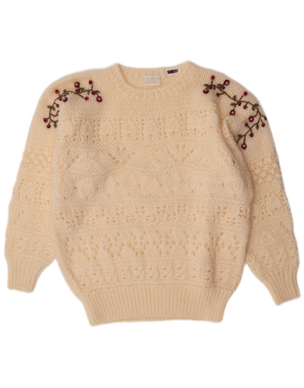 Maglione maglione girocollo da donna VINTAGE EU 44/46 XL bianco sporco floreale