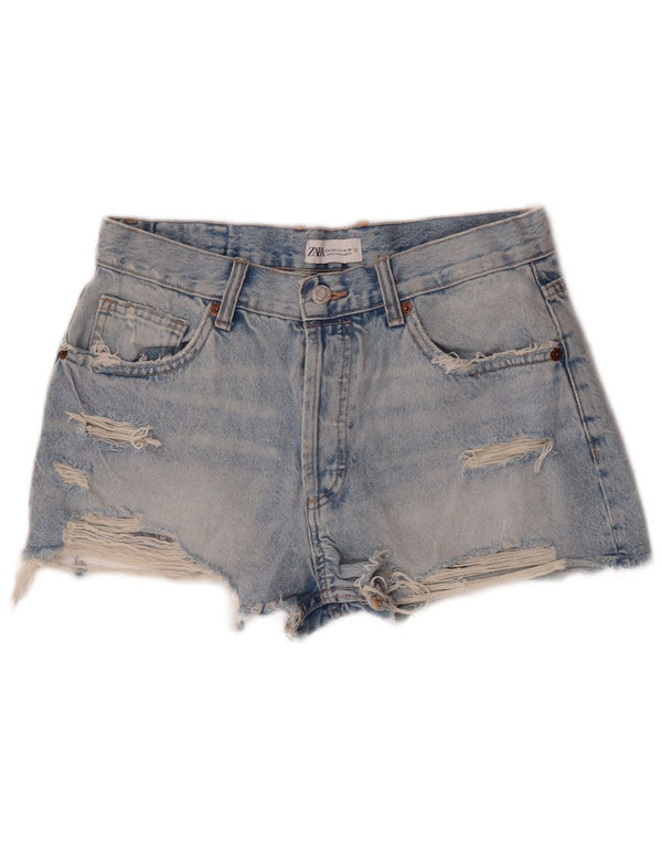 Pantaloncini in denim invecchiato da donna Zara EU 38 piccoli W28 cotone blu