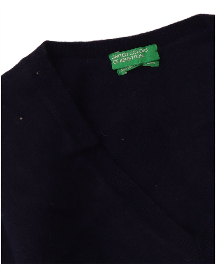 BENETTON Maglione corto con scollo a V da donna UK 10 piccolo blu navy