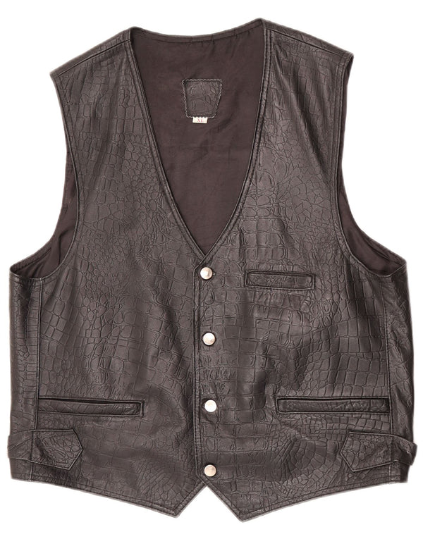 Gilet in pelle da donna vintage UK 18 XL nero con stampa animalier