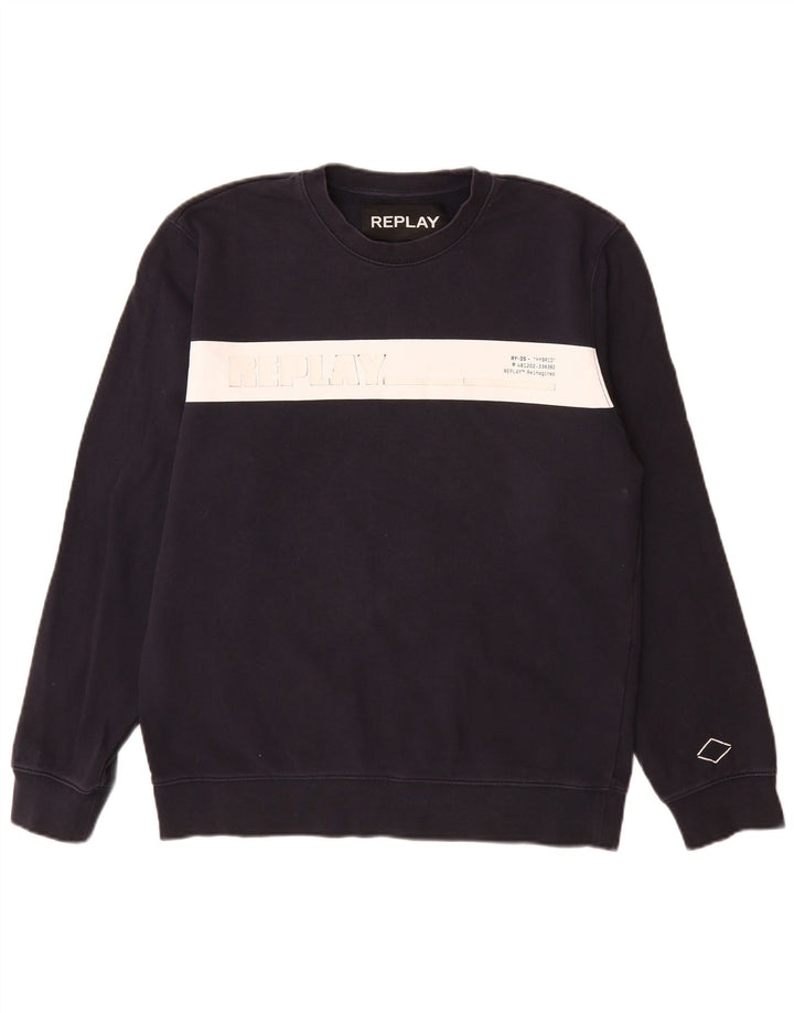 Felpa grafica da uomo Replay, maglione grande, cotone color block blu navy