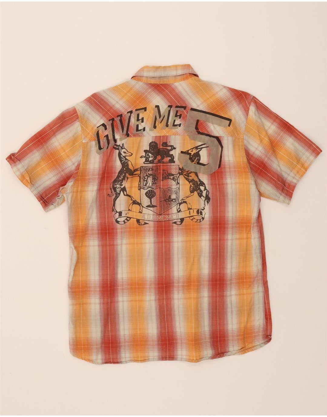FISHBONE Mens Graphic Short Sleeve Shirt Medium Orange Check Cotton Vintage Fishbone and Second-Hand Fishbone from Messina Hembry 