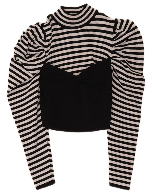 Zara Womens Crop Top Long Sleeve UK 12 Medium Black Striped Viscose