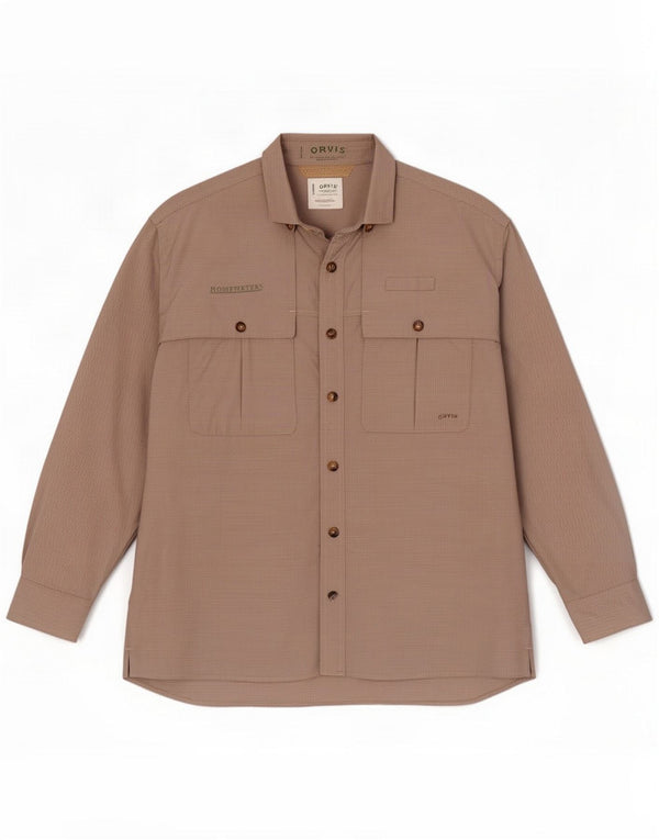 Orvis Mens Travel Shirt Large Beige Gingham Polyester