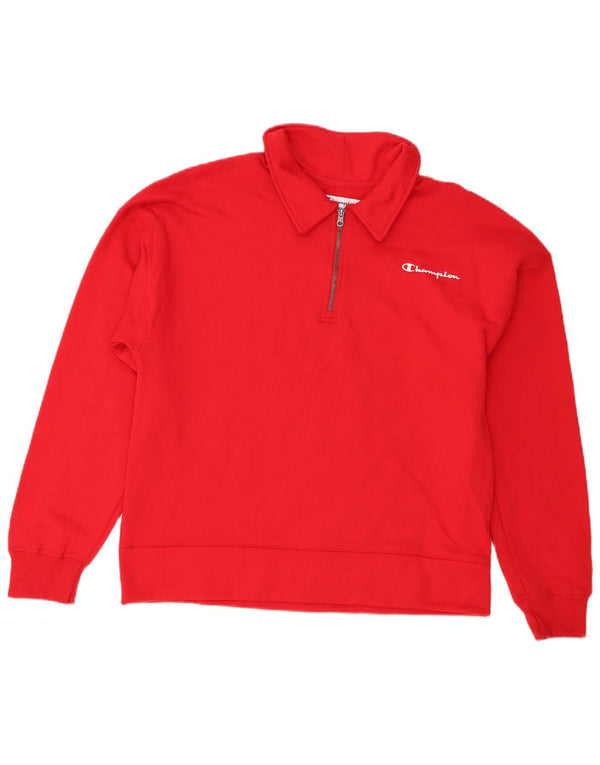 Champion Womens Zip Neck Sweatshirt Jumper Medium Red Cotton