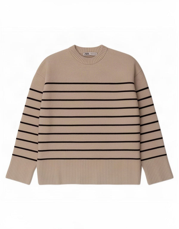 Maglione girocollo oversize da donna Zara UK 14 a righe beige medio