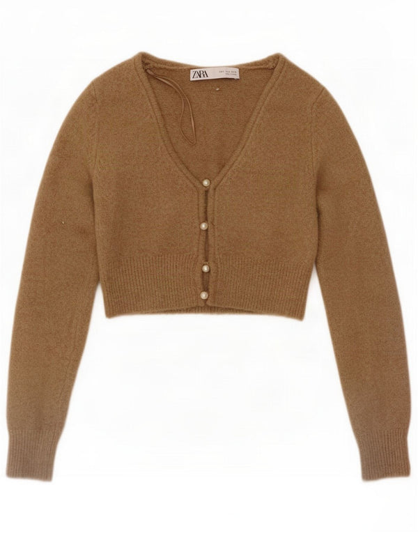Maglione cardigan corto da donna Zara UK 10 piccolo poliestere screziato marrone