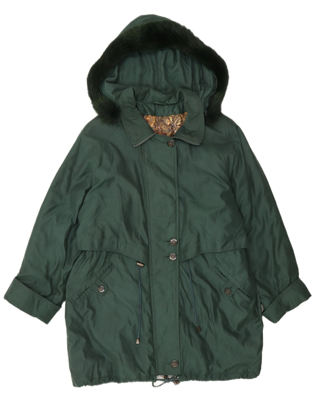 Giacca parka oversize con cappuccio da donna vintage UK 16 grande poliestere verde