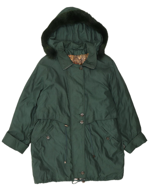 Giacca parka oversize con cappuccio da donna vintage UK 16 grande poliestere verde