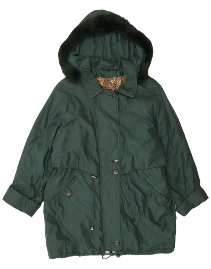 Giacca parka oversize con cappuccio da donna vintage UK 16 grande poliestere verde