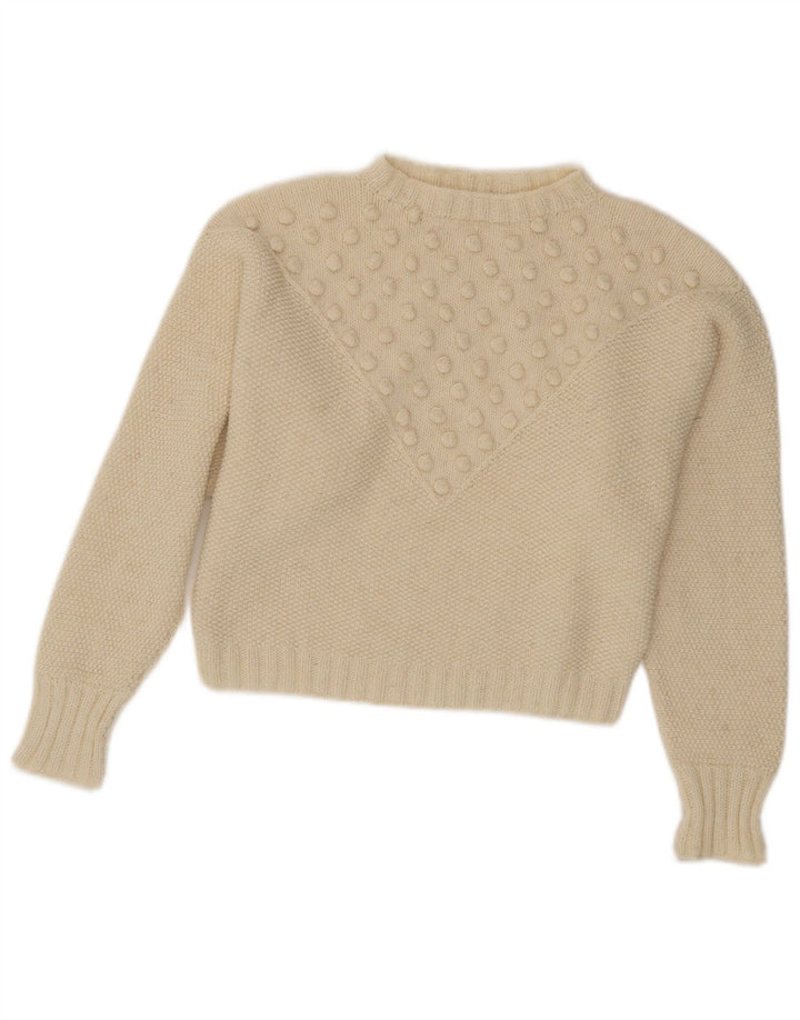 Maglione da donna vintage corto con collo dolcevita UK 10 piccolo bianco