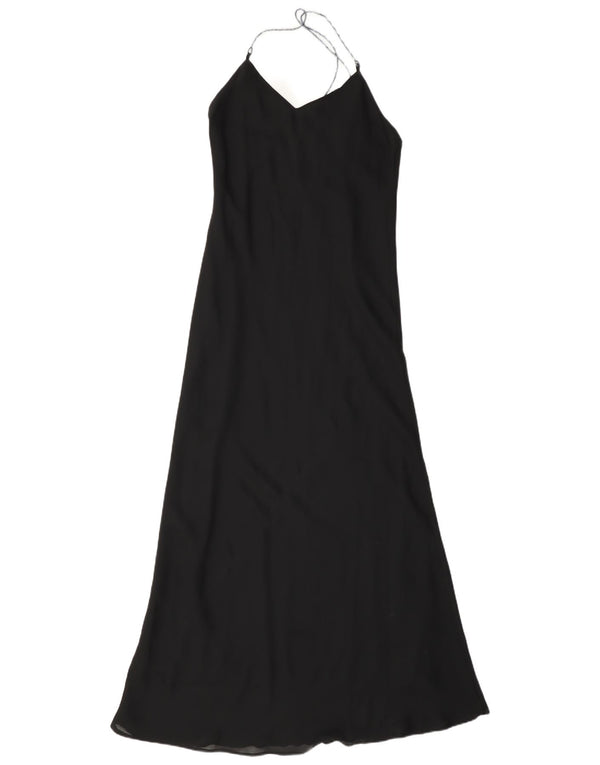 Abito maxi da donna vintage con scollo all'americana UK 10 piccolo poliestere nero