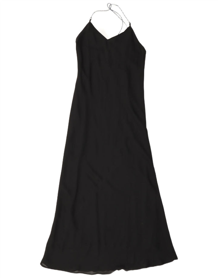 Abito maxi da donna vintage con scollo all'americana UK 10 piccolo poliestere nero