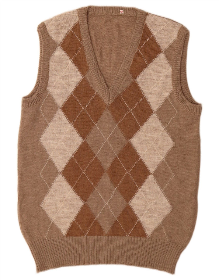 Canottiera vintage da uomo, canotta piccola, beige, a rombi/acrilico con diamanti