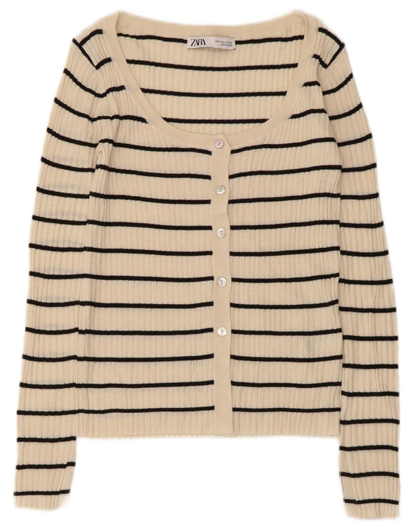 Maglione cardigan da donna Zara UK 8 piccolo acrilico a righe beige