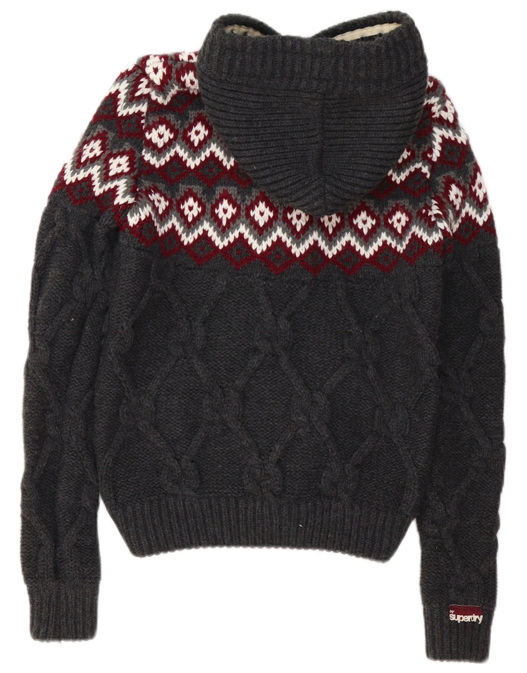 Maglione cardigan con cappuccio da donna SUPERDRY UK 10 Piccolo acrilico grigio Fair Isle
