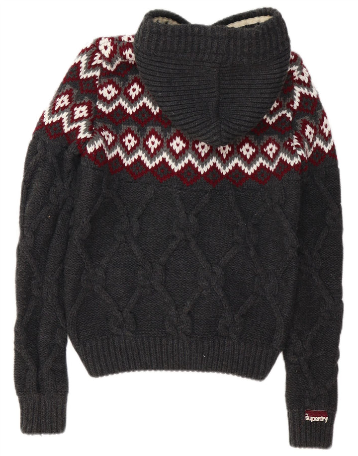 Maglione cardigan con cappuccio da donna SUPERDRY UK 10 Piccolo acrilico grigio Fair Isle