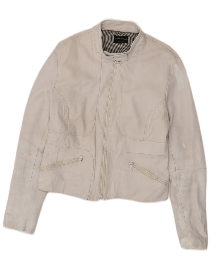 Giacca in pelle corta da donna vintage UK 18 XL in pelle bianco sporco