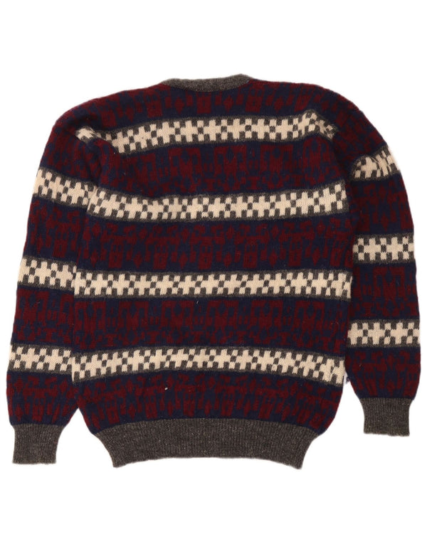 Maglione vintage da uomo con scollo a V in lana geometrica multicolore media