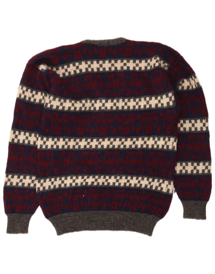Maglione vintage da uomo con scollo a V in lana geometrica multicolore media