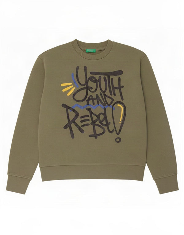 Felpa grafica per ragazze Benetton, maglione 10-11 anni, XL, cotone kaki