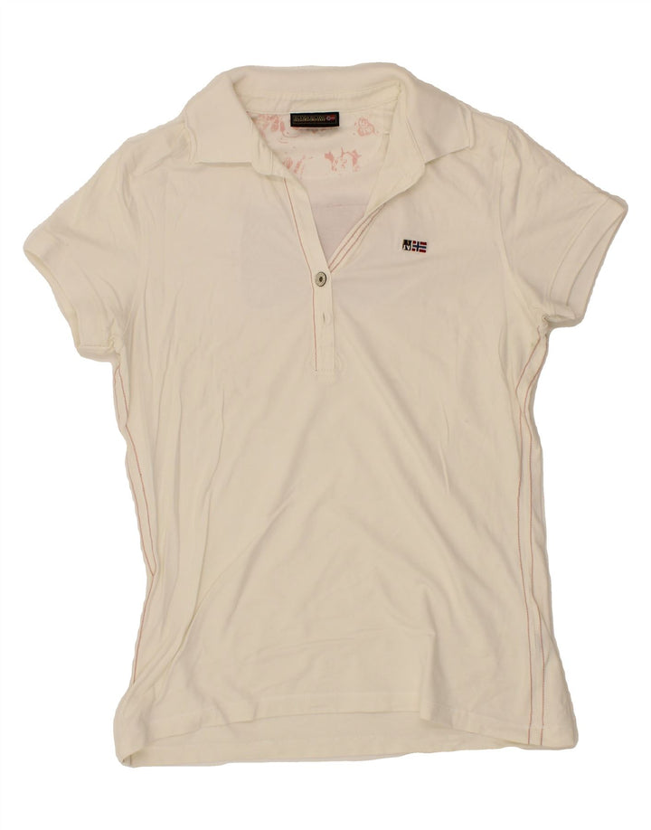 NAPAPIJRI Womens Graphic Polo Shirt UK 12 Medium Off White Vintage Napapijri and Second-Hand Napapijri from Messina Hembry 