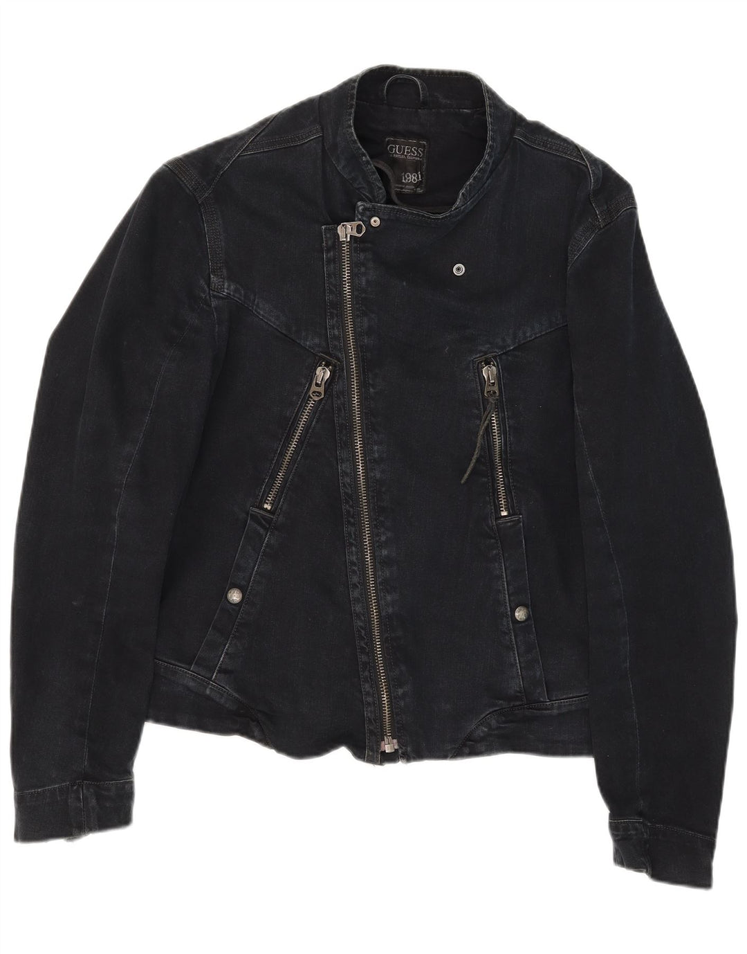 Giacca da motociclista in denim da uomo Guess UK 36 piccola in cotone nero