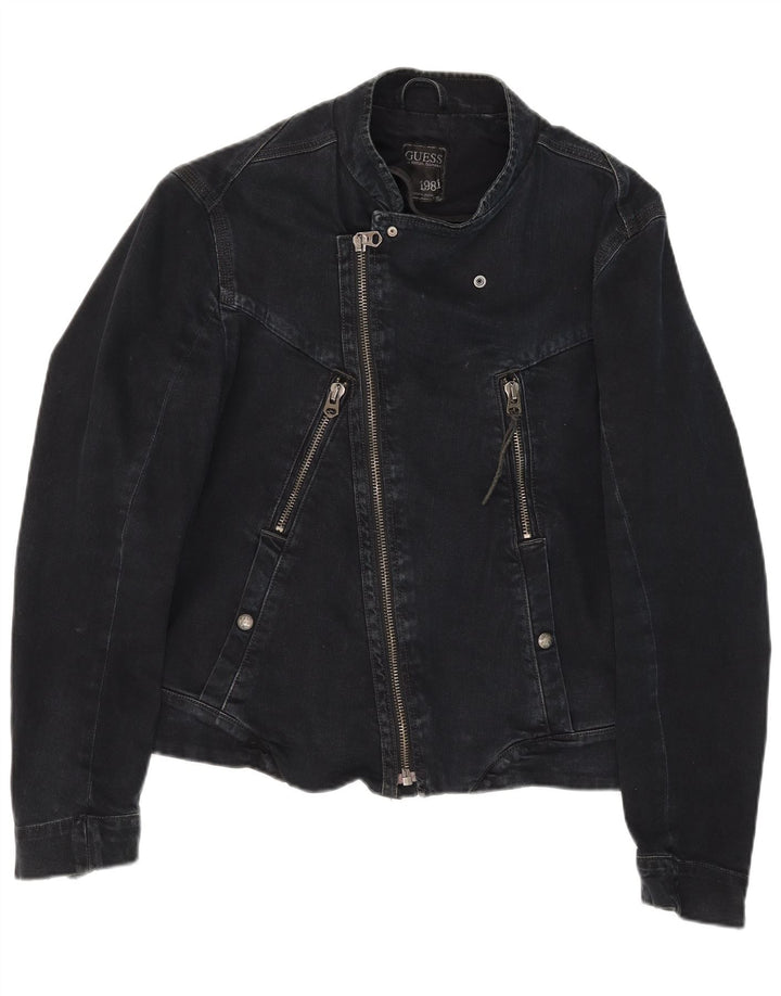 Giacca da motociclista in denim da uomo Guess UK 36 piccola in cotone nero