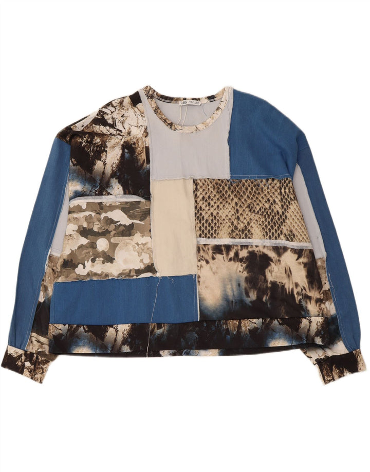Top corto grafico da donna Zara manica lunga UK 14 medio multicolore