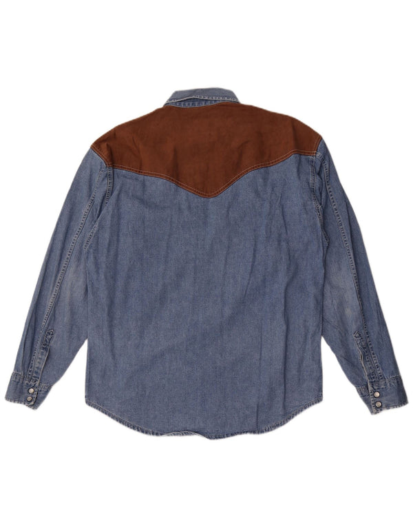 Camicia di jeans western vintage da uomo in cotone color block blu medio