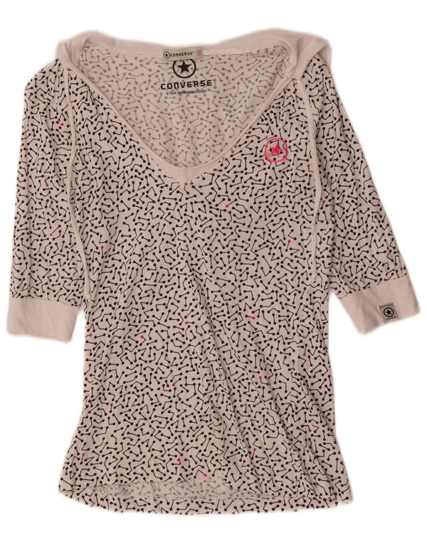 Converse Top da donna con cappuccio manica 3/4 UK 10 piccolo cotone geometrico bianco