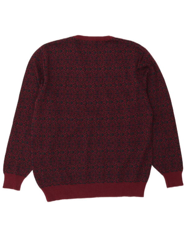 Mapier Mens V-Neck Jumper Sweater Medium Burgundy Fair Isle Wool