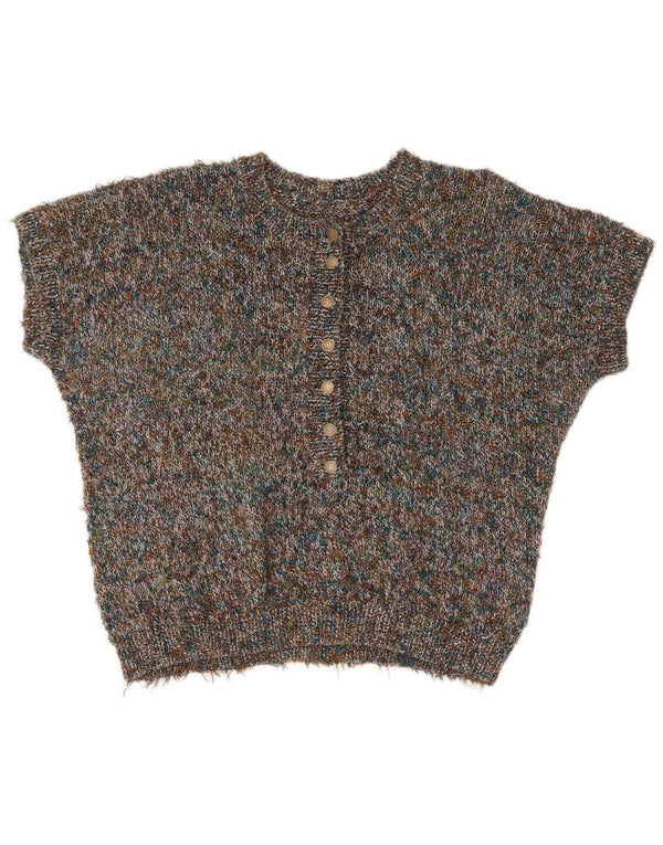 Maglione vintage da donna a maniche corte con collo e bottoni UK 16 grande grigio