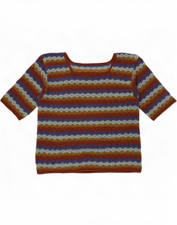 Top camicetta vintage da donna all'uncinetto UK 12 a righe multicolori medie