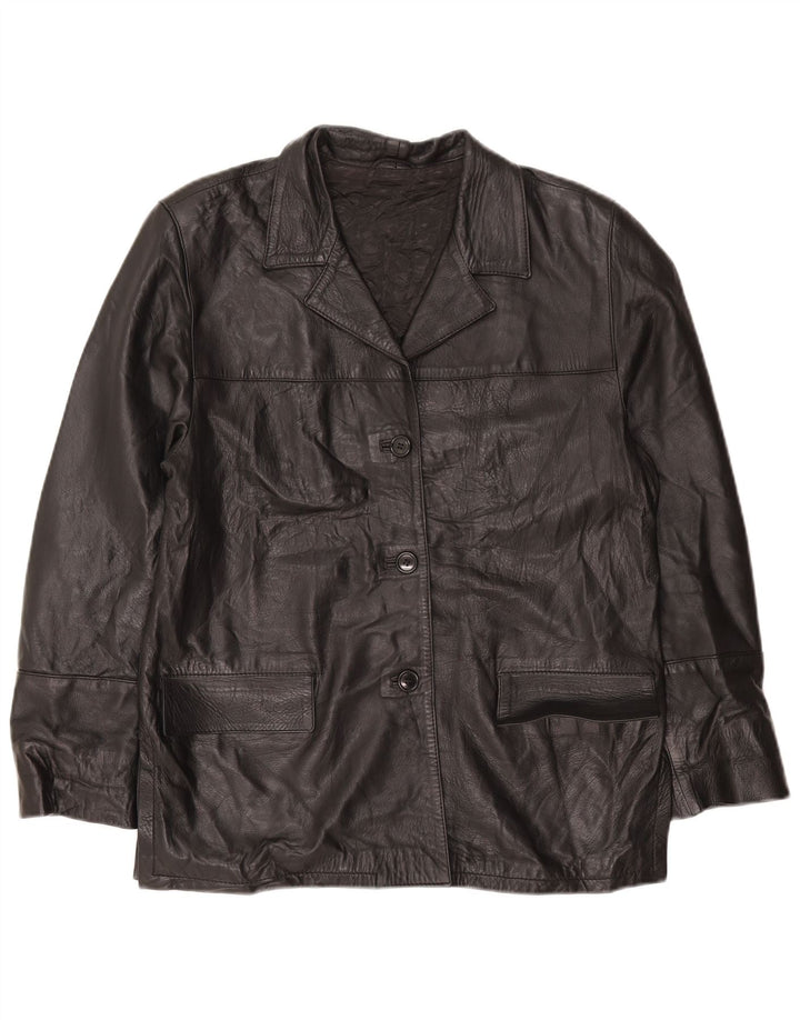 Giacca blazer in pelle oversize da donna vintage a 3 bottoni IT 44 media nera