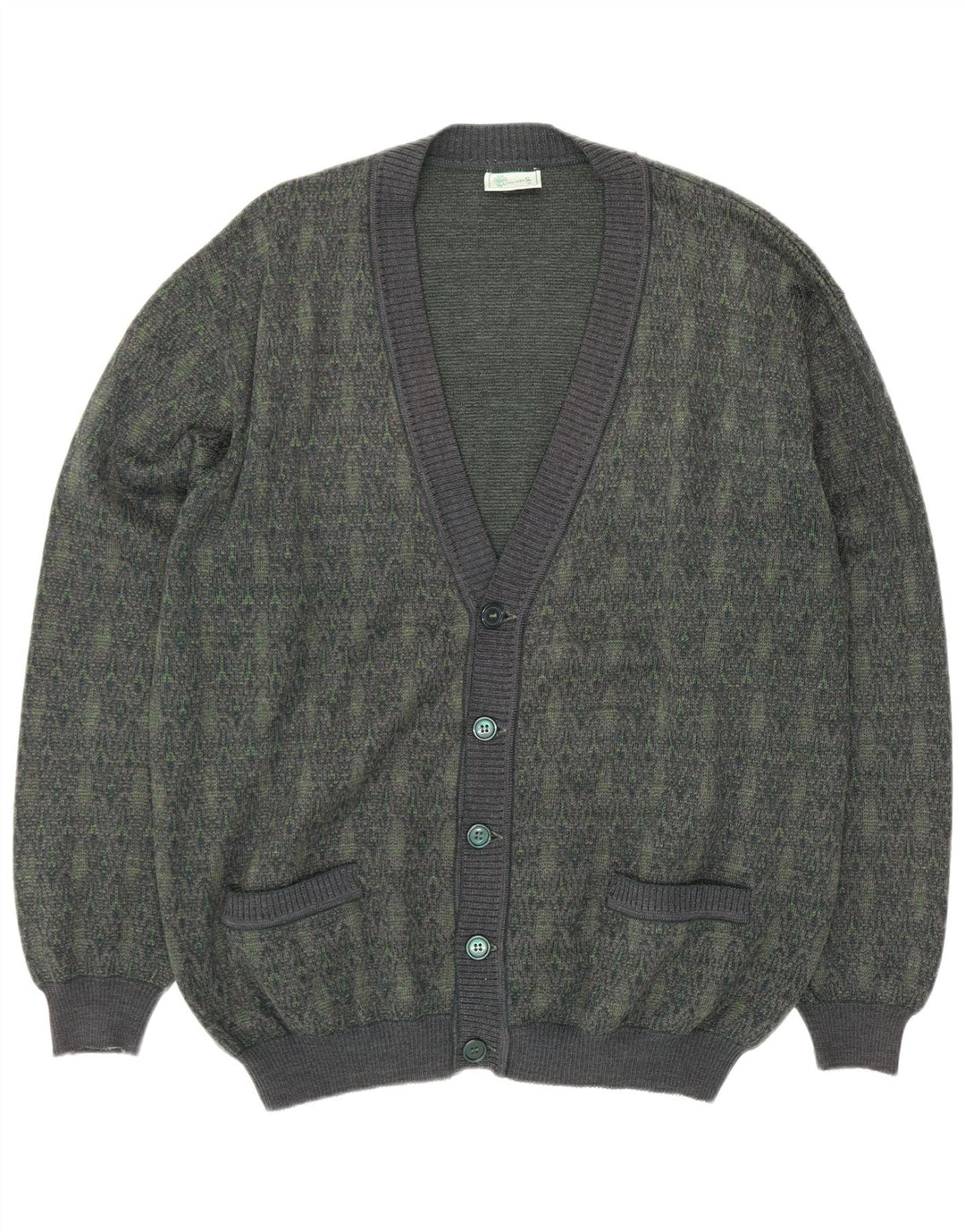 Maglione cardigan da uomo vintage in lana geometrica verde grande