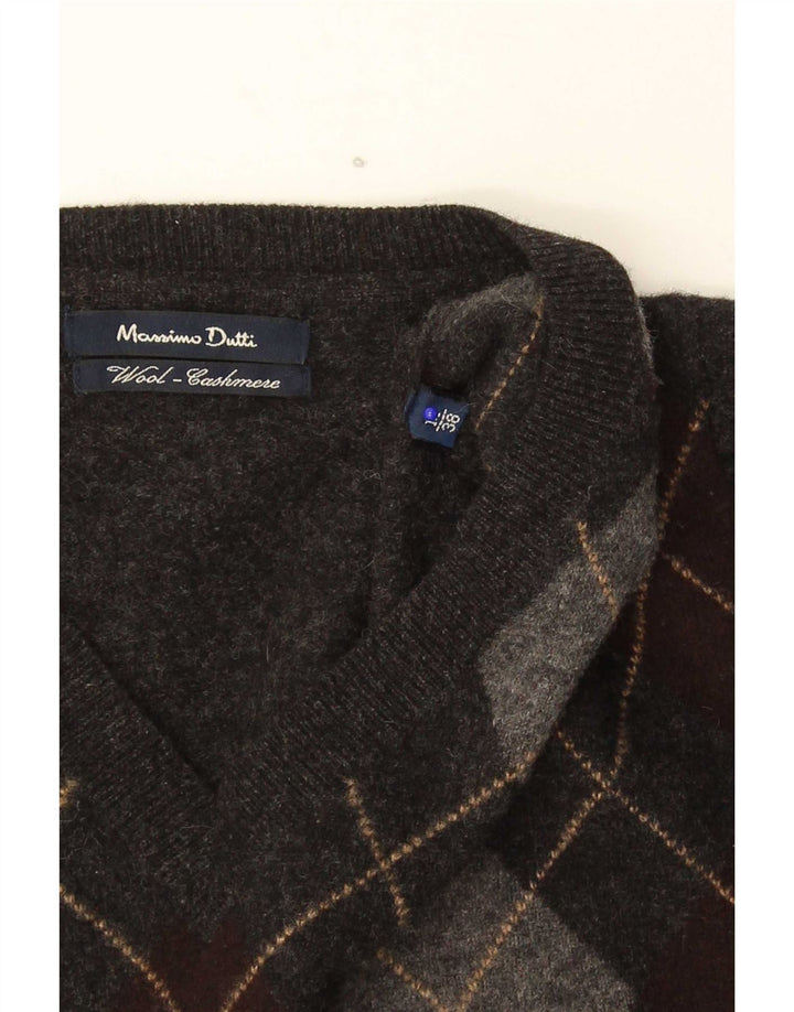 Massimo Dutti Maglione da uomo con scollo a V, grigio medio, lana a rombi/diamante