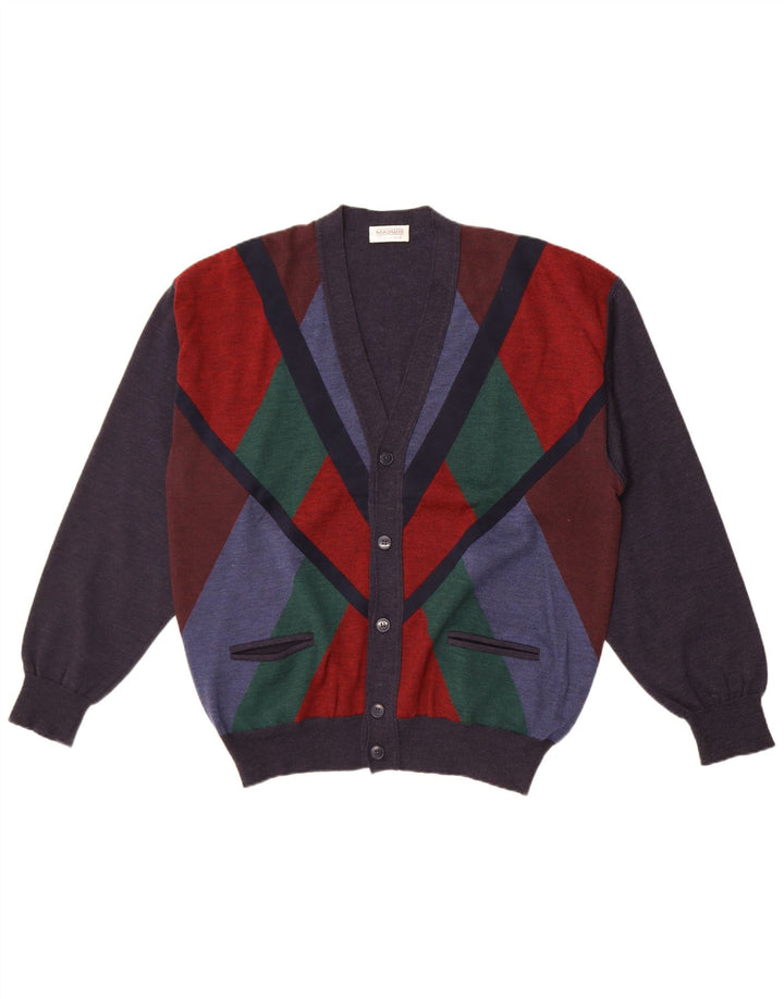 Maglione cardigan da uomo vintage IT 54 XL Lana color block blu navy