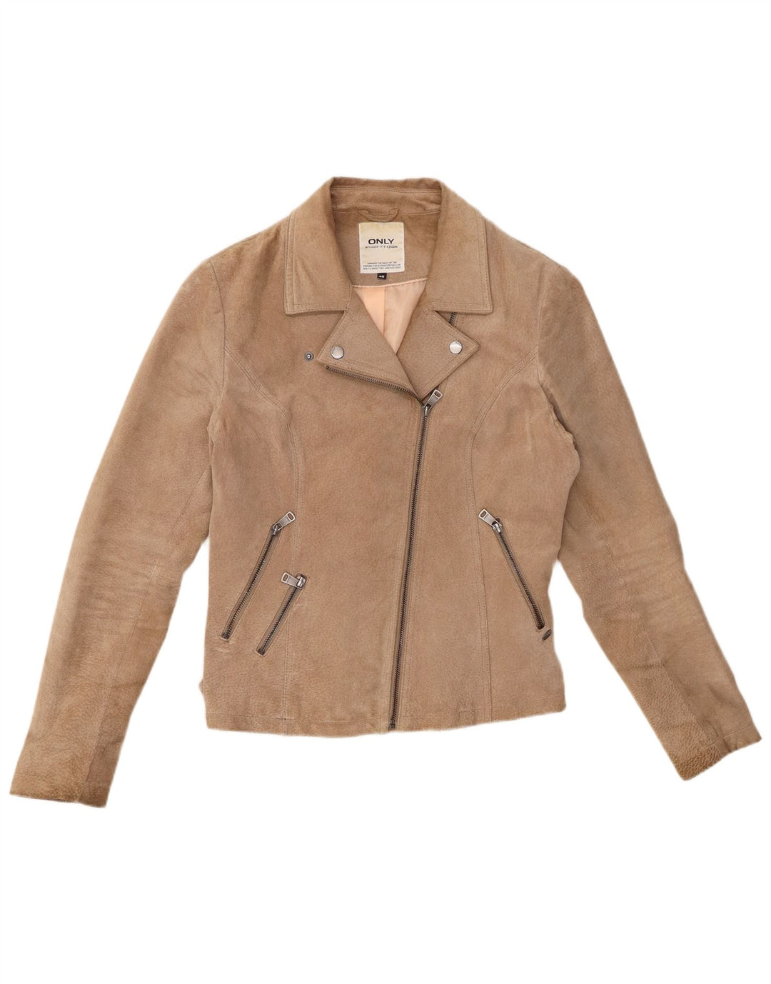 SOLO Giacca Biker in Pelle Scamosciata da Donna IT 40 Piccola Pelle Beige