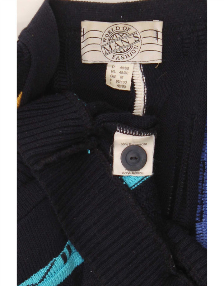 Maglione cardigan da uomo vintage in cotone a righe medie blu navy
