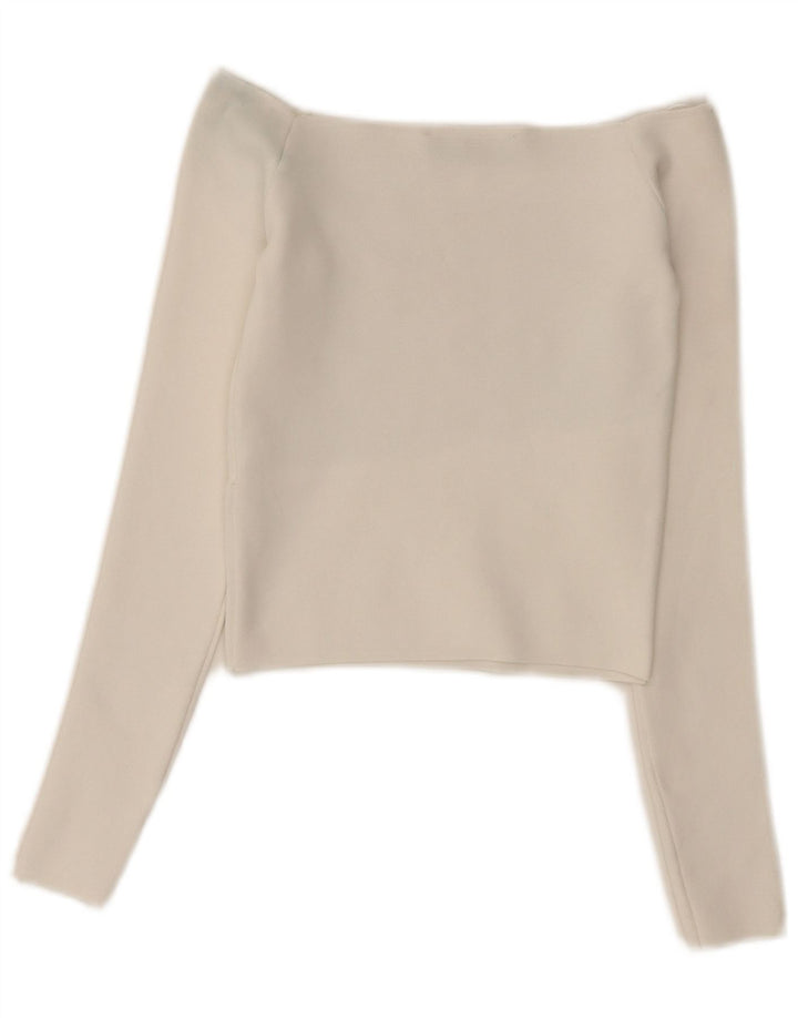Zara Top corto da donna con spalle scoperte manica lunga UK 6 XS poliestere bianco