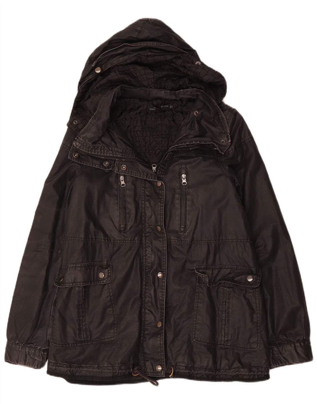 Giacca da donna Zara in cotone cerato con cappuccio UK 14 media nera