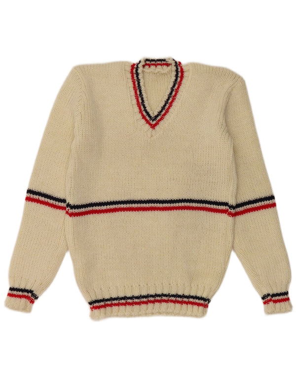 Maglione vintage da uomo con scollo a V piccolo a righe bianche
