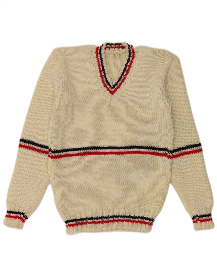 Maglione vintage da uomo con scollo a V piccolo a righe bianche