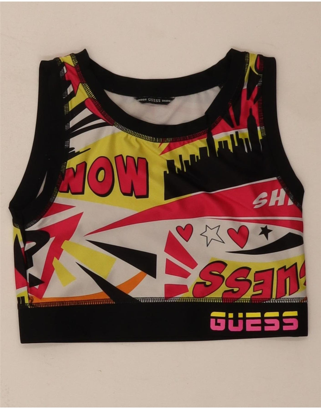 GUESS Womens Graphic Crop Top UK 10 Small Multicoloured Colourblock Vintage Guess and Second-Hand Guess from Messina Hembry 