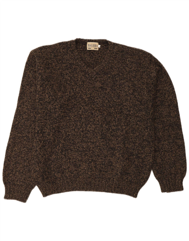 Maglione vintage da uomo con scollo a V XL in lana screziata marrone