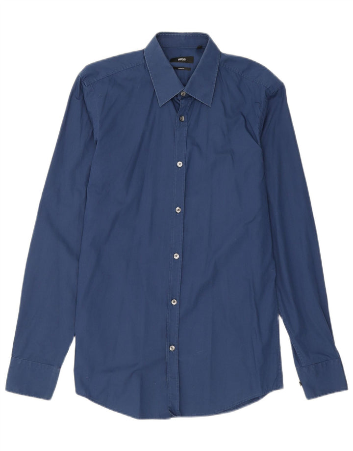 HUGO BOSS Mens Slim Fit Shirt Size 38 15 Medium Navy Blue Cotton